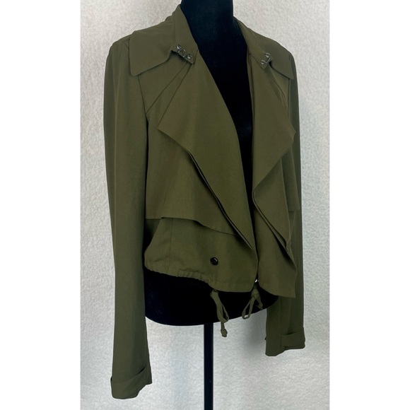 HAUTE HIPPIE • Olive Green Cropped Drawstring Trench Jacket, S - Picture 6 of 16